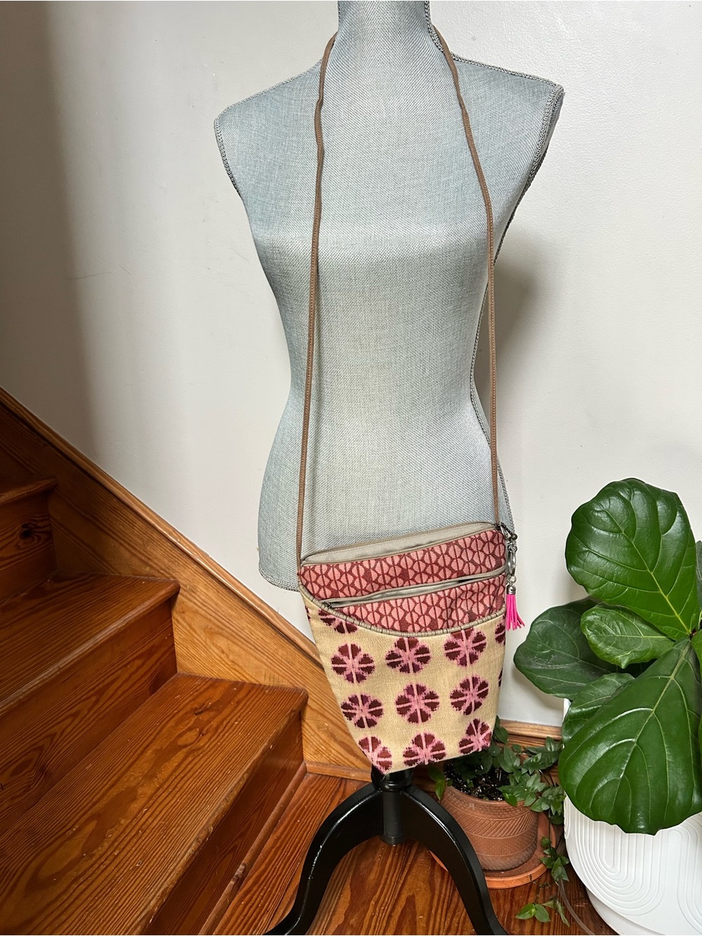 Boho Maruca Handbag in Pink and Beige Floral Woven Design